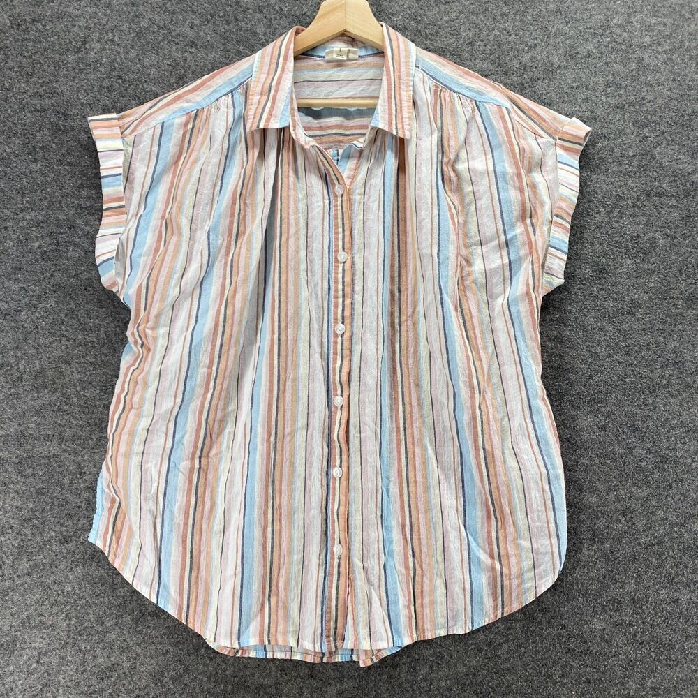 A New Approach Shirt Women L Large White Striped Button Up Collared Short Sleeve